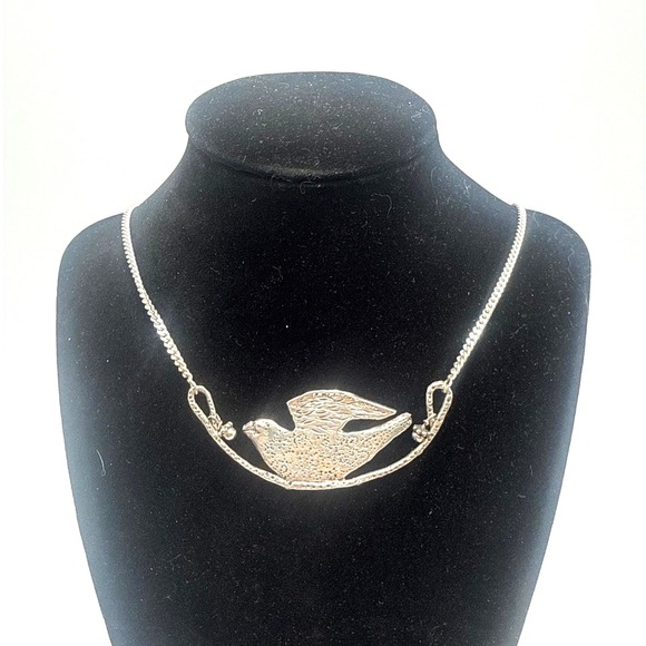 Vintage Jewelry - Vintage Mexican Sterling Silver 925 Brutalist Dove Bird Pendant Necklace MEX PB